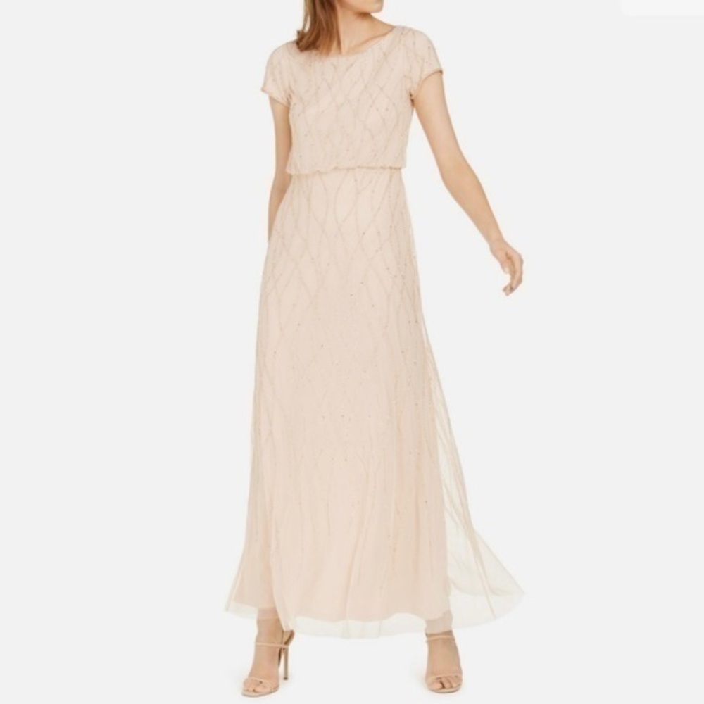 Adrianna Papell Short Sleeve Embellished Blouson beaded Overlay Gown in Biscotti